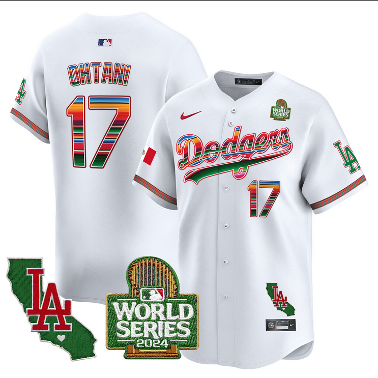 Men MLB Mexico Los Angeles Dodgers #17 Ohtani white 2024 World Series Champions Patch Jersey 20241105 style 2->los angeles dodgers->MLB Jersey